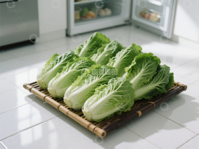高清大图下载【趣麦麦图】新鲜白菜整齐摆放于竹制托盘