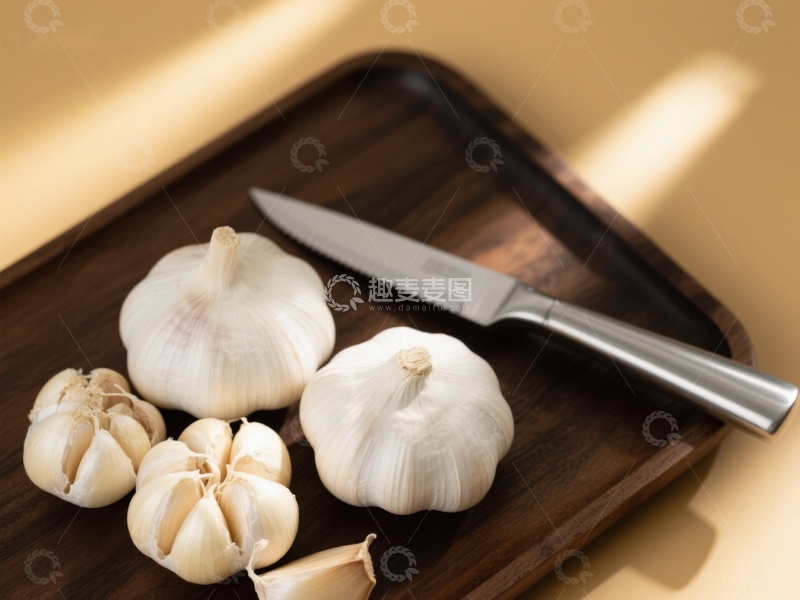 高清大图下载【趣麦麦图】-大蒜与刀具置于木质托盘