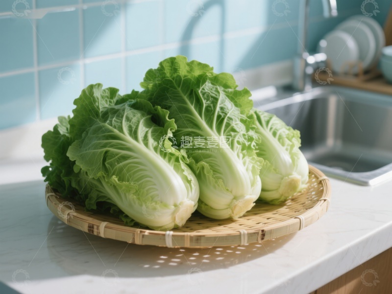 高清大图下载【趣麦麦图】新鲜白菜置于厨房竹盘