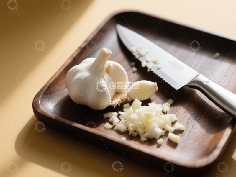 高清大图下载【趣麦麦图】木盘上的大蒜与刀具