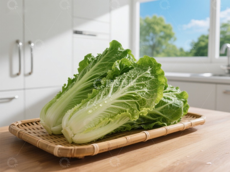 高清大图下载【趣麦麦图】新鲜白菜置于竹篮厨房台面