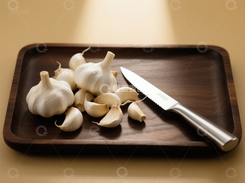 高清大图下载【趣麦麦图】-大蒜与刀具置于木质托盘