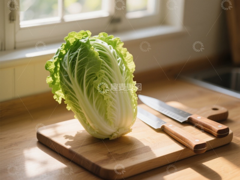 高清大图下载【趣麦麦图】新鲜白菜置于木质砧板上
