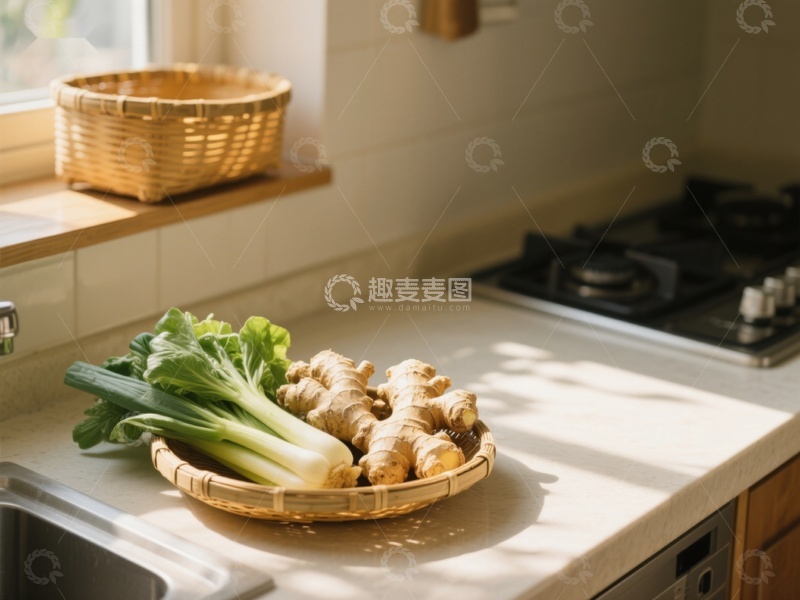 高清大图下载【趣麦麦图】厨房台面上的姜和青菜