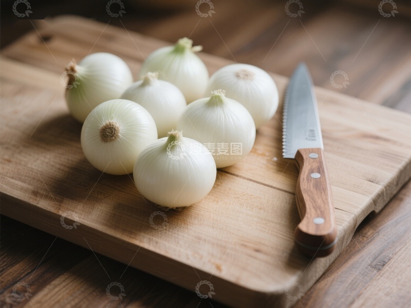 高清大图下载【趣麦麦图】木板上的洋葱与刀具