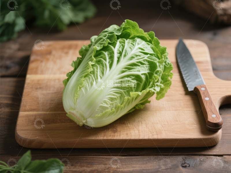 高清大图下载【趣麦麦图】新鲜白菜置于木质砧板上