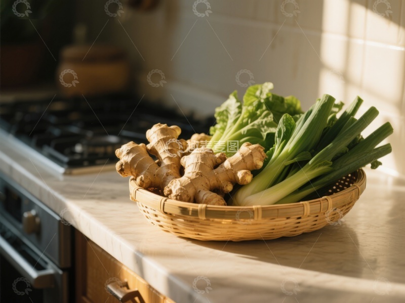 高清大图下载【趣麦麦图】厨房台面上的姜和青菜