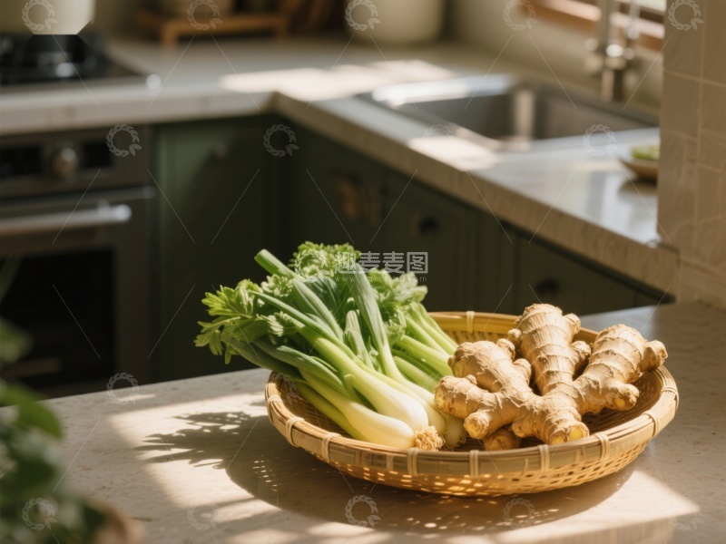 高清大图下载【趣麦麦图】厨房台面上的姜和葱