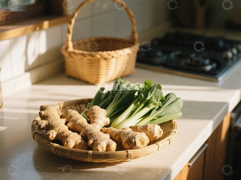 高清大图下载【趣麦麦图】厨房台面上的姜和青菜