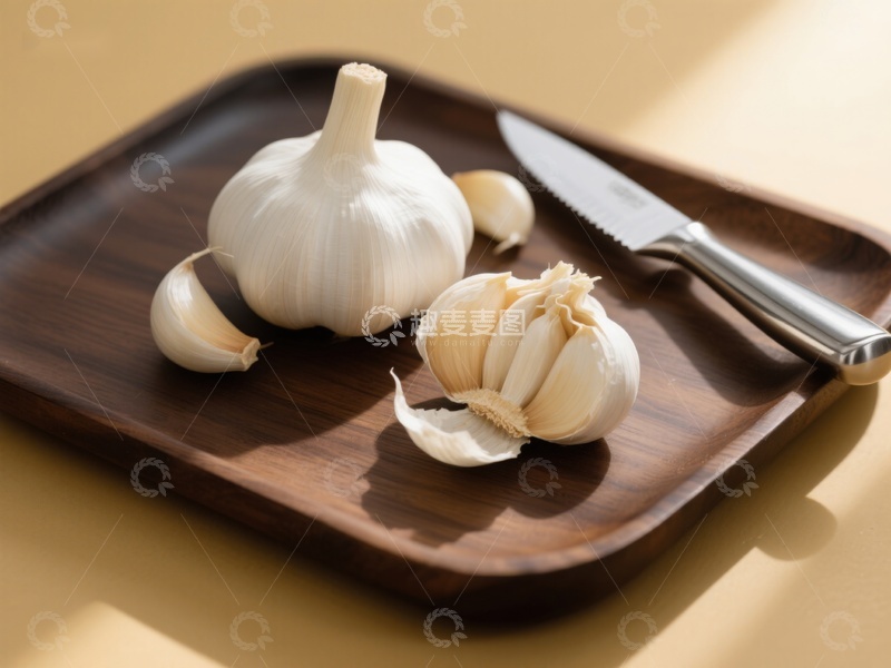高清大图下载【趣麦麦图】大蒜与刀具置于木质托盘