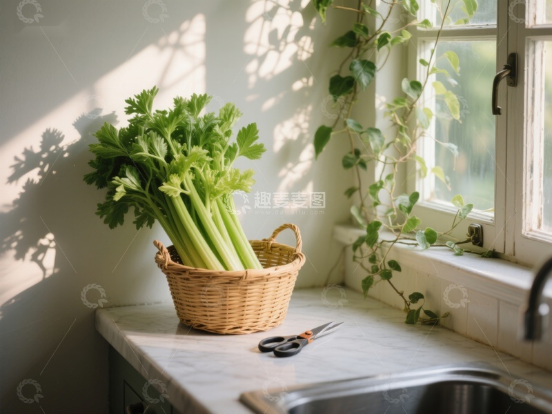高清大图下载【趣麦麦图】窗边阳光下的芹菜篮
