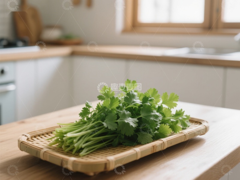 高清大图下载【趣麦麦图】新鲜香菜置于竹制托盘上
