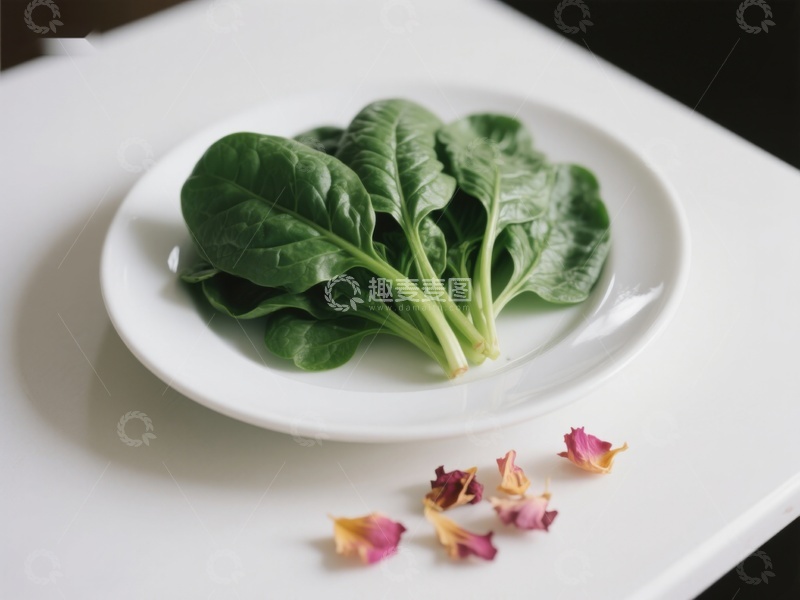 高清大图下载【趣麦麦图】新鲜菠菜置于白色盘中