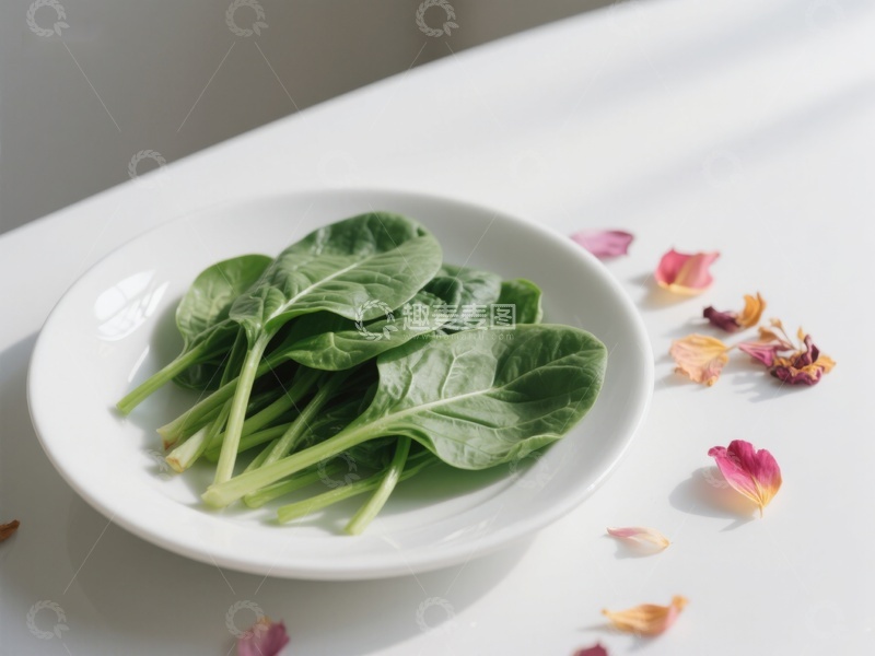 高清大图下载【趣麦麦图】新鲜菠菜置于白碗中，花瓣点缀其旁