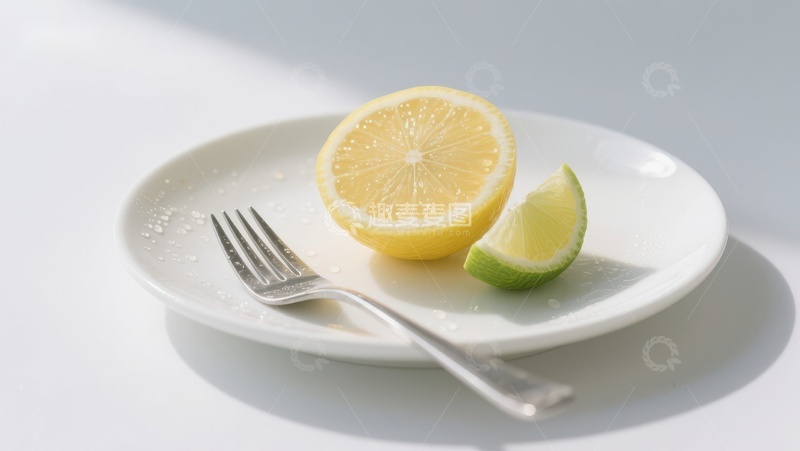 高清大图下载【趣麦麦图】柠檬切片与叉子置于白色盘中