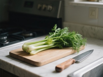 厨房案板上的芹菜与刀具