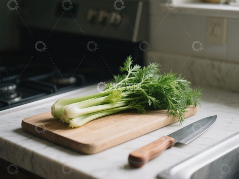 高清大图下载【趣麦麦图】厨房案板上的芹菜与刀具