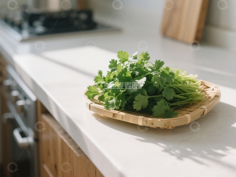高清大图下载【趣麦麦图】新鲜香菜置于竹篮厨房台面