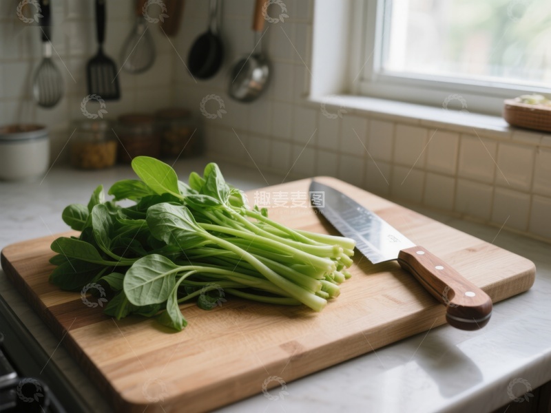 高清大图下载【趣麦麦图】厨房案板上的青菜与刀具