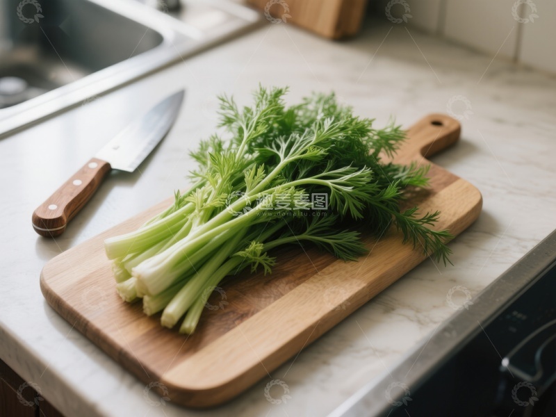 高清大图下载【趣麦麦图】新鲜芹菜置于木质砧板上