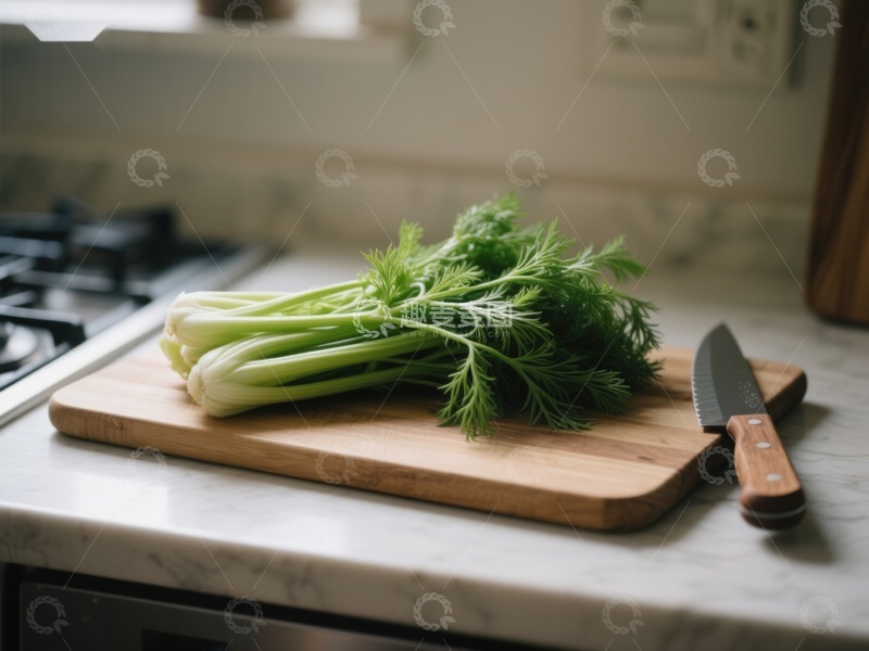 高清大图下载【趣麦麦图】厨房台面上的芹菜与刀具