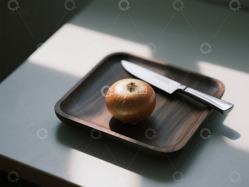 高清大图下载【趣麦麦图】洋葱与刀置于木质托盘