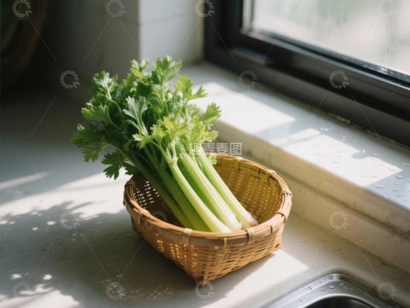 高清大图下载【趣麦麦图】窗边竹篮中的新鲜芹菜