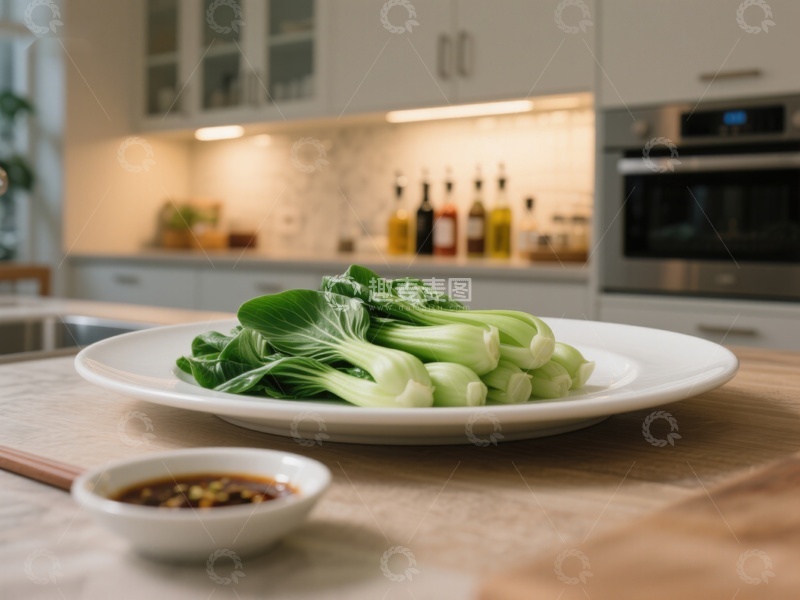 高清大图下载【趣麦麦图】厨房台面上的青菜与蘸料