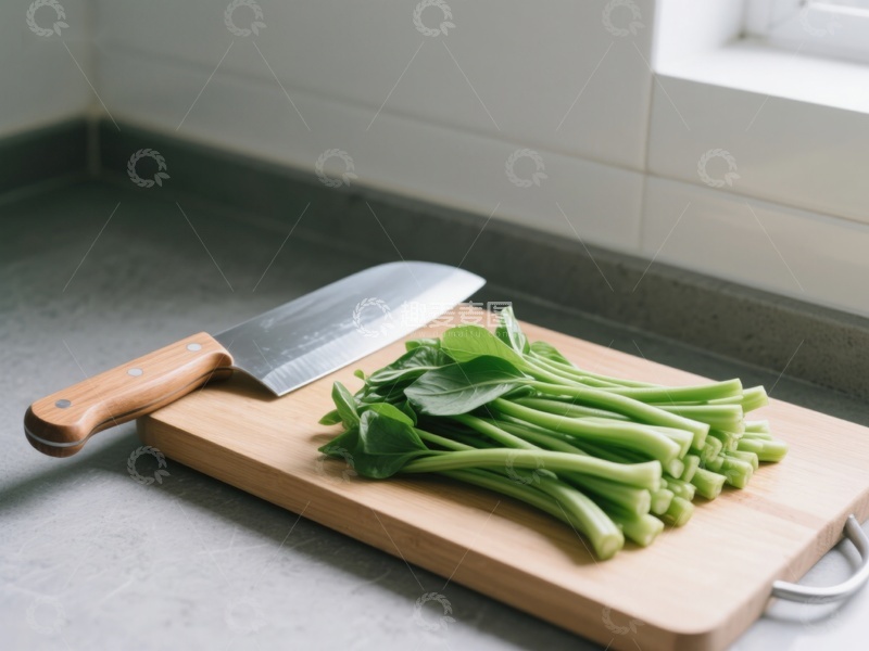 高清大图下载【趣麦麦图】砧板上的青菜与刀具