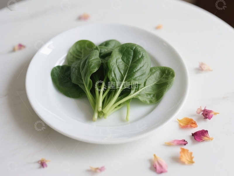 高清大图下载【趣麦麦图】新鲜菠菜置于白色盘中