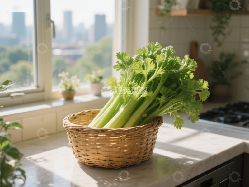 高清大图下载【趣麦麦图】窗边篮子里的新鲜芹菜
