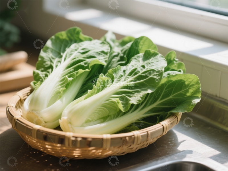 高清大图下载【趣麦麦图】新鲜白菜置于竹篮中，窗边阳光照射
