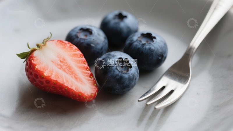 高清大图下载【趣麦麦图】草莓蓝莓与叉子的静物组合