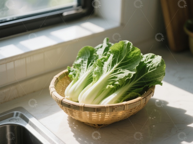 高清大图下载【趣麦麦图】窗边竹篮中的新鲜青菜