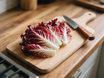 切片红菊苣置于木质砧板