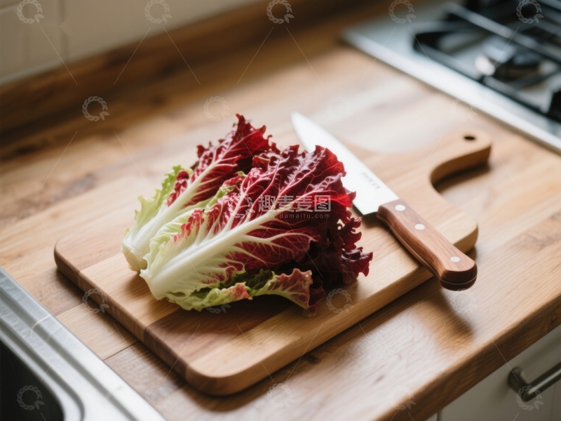 高清大图下载【趣麦麦图】厨房案板上的红叶生菜