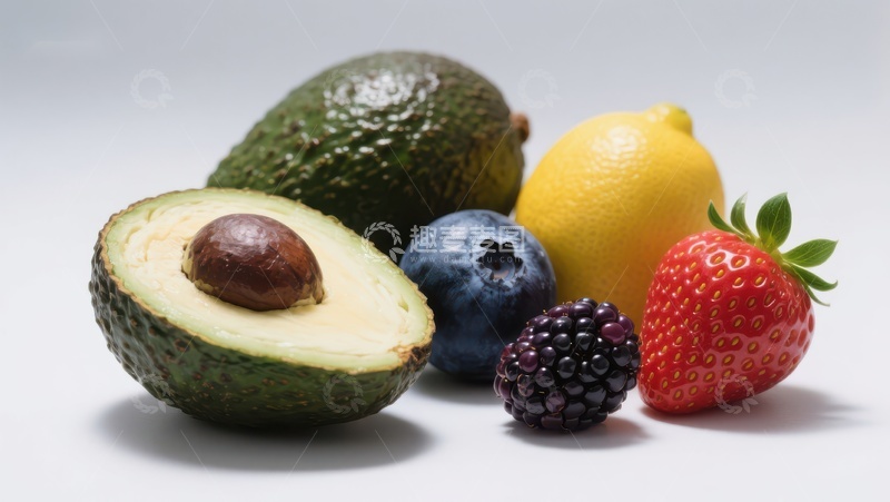 高清大图下载【趣麦麦图】新鲜水果组合：牛油果、柠檬、草莓等