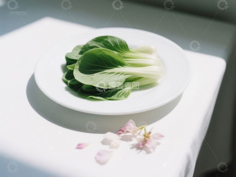 高清大图下载【趣麦麦图】清新鲜嫩的青菜置于白色盘中