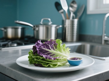 厨房台面上的生菜与酱料