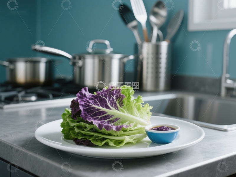 高清大图下载【趣麦麦图】厨房台面上的生菜与酱料