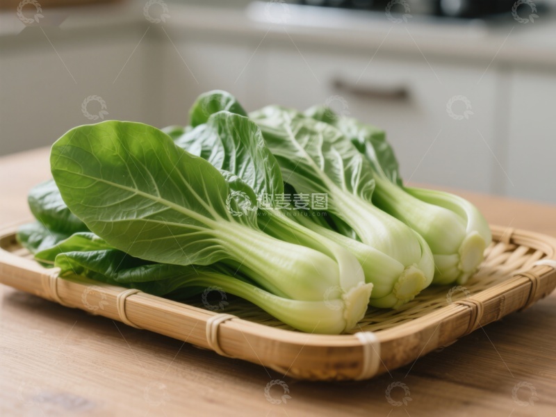 高清大图下载【趣麦麦图】新鲜青菜置于竹篮中