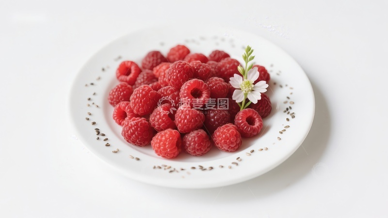 高清大图下载【趣麦麦图】新鲜覆盆子配小花，置于白色盘中