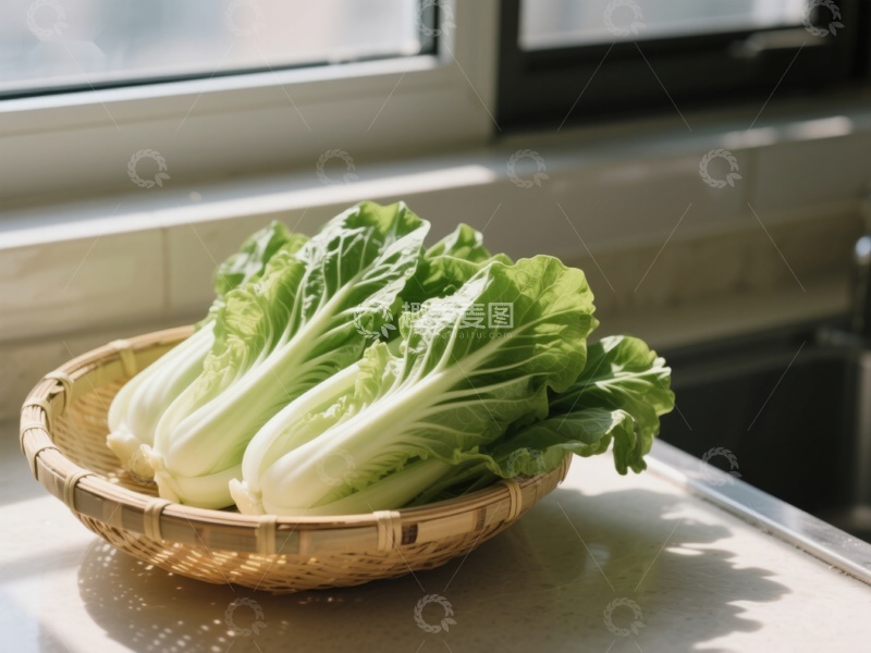 高清大图下载【趣麦麦图】新鲜小白菜置于竹篮中