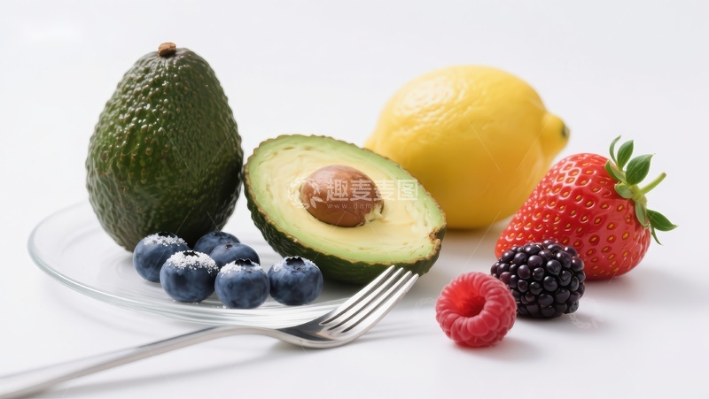 高清大图下载【趣麦麦图】新鲜水果与叉子的静物组合