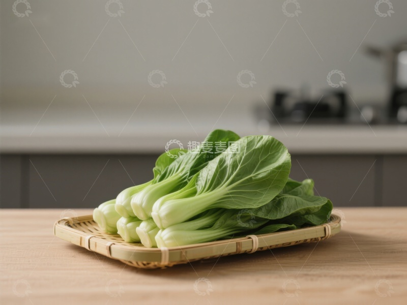 高清大图下载【趣麦麦图】新鲜青菜置于竹篮中