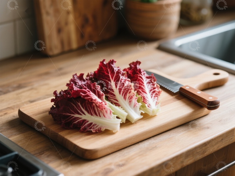 高清大图下载【趣麦麦图】新鲜红叶生菜切片置于木砧板上