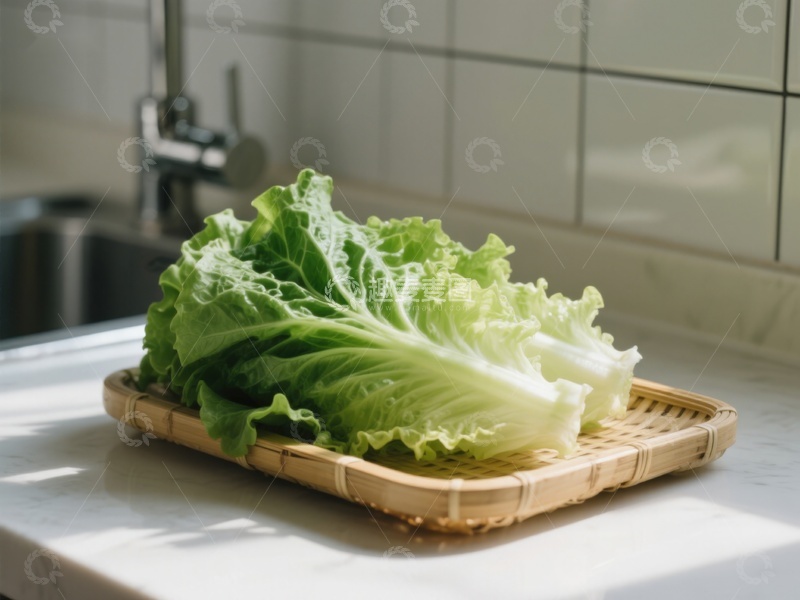 高清大图下载【趣麦麦图】新鲜生菜置于竹制托盘上