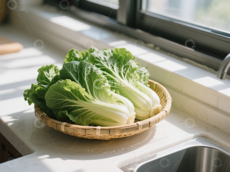 高清大图下载【趣麦麦图】窗边竹篮中的新鲜白菜