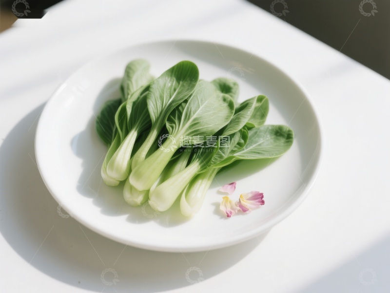 高清大图下载【趣麦麦图】新鲜青菜置于白色盘中