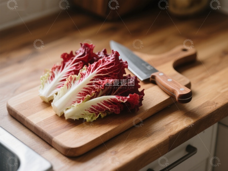 高清大图下载【趣麦麦图】切菜板上的红菊苣与刀具